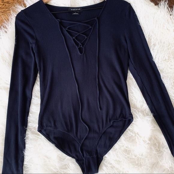 ROUVE Navy LaceUp Tie Bodysuit Stretch Ribbed Navy S - Picture 3 of 8